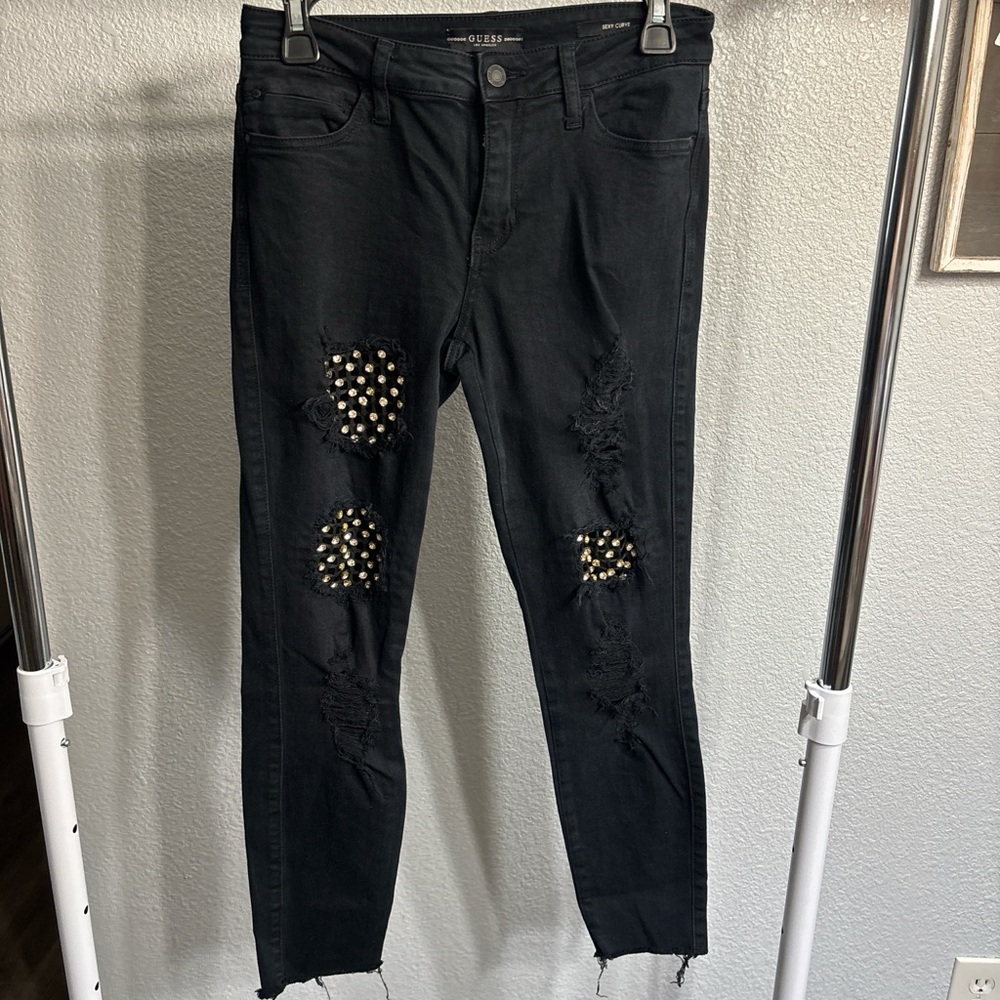 GUESS Black Distressed Skinny Jeans with Studs